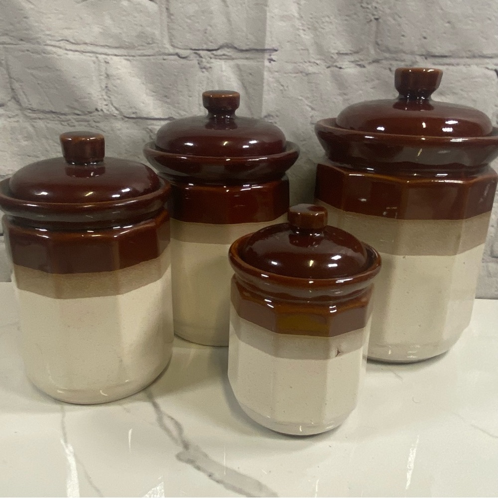 Vintage Brown Beige Cream Glazed Ombre Stoneware Canister Set Of 4  With Lids